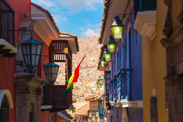Gamle kolonibygninger på Jaen Street i La Paz, Bolivia