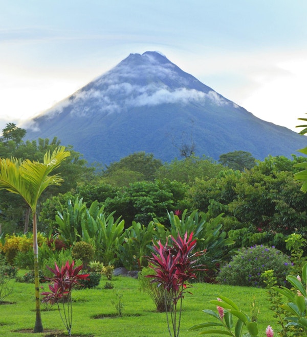 En frodig hage i La Fortuna, Costa Rica med Arenal Volcano i bakgrunnen.