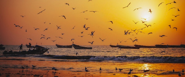 Vest-afrikanske fiskebåter i solnedgangslys.