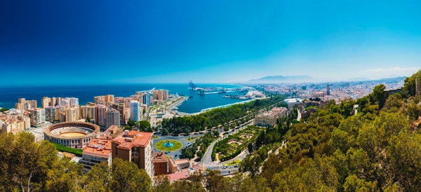 Panorama, bybild, luftfoto, av, Malaga, Spania. Plaza de Toros de Ronda tyrefekting i Malaga, Spania.