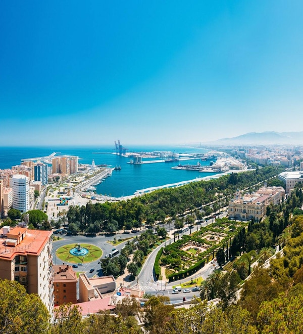 Panorama, bybild, luftfoto, av, Malaga, Spania. Plaza de Toros de Ronda tyrefekting i Malaga, Spania.
