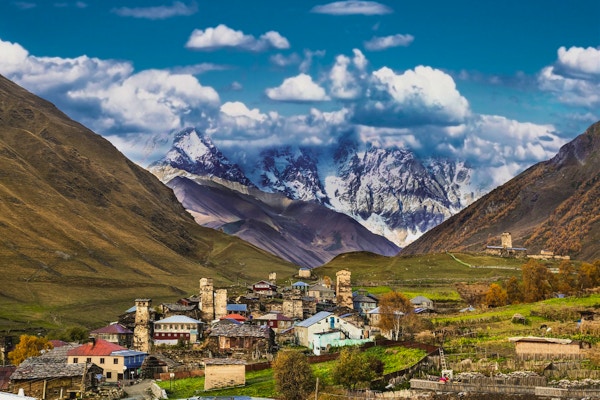Ushguli landsbymuseum i Svaneti. Øvre Svaneti - UNESCOs verdensarvliste. Georgia, Europa.