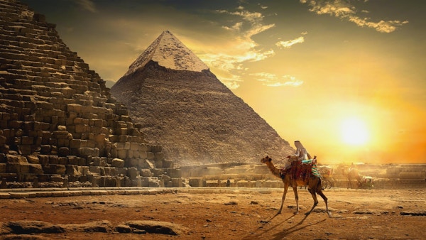 Nomad på kamel nær pyramider i egyptisk ørken