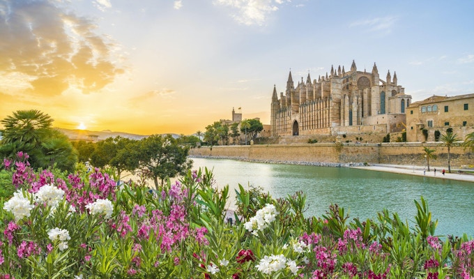 Katedralen La Seu ved solnedgang, Palma de Mallorca -øyene, Spania