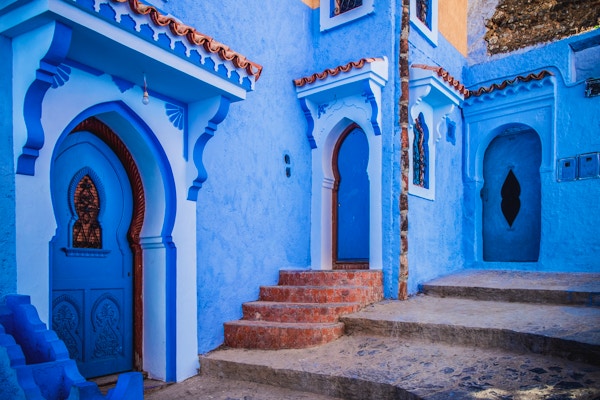 Den vakre, blå medinaen i Chefchaouen i Marokko