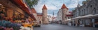 Viru Gate med Tallinn rådhus på bakgrunn - Tallinn, Estland