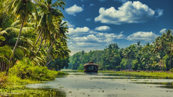 Husbåt som navigerer på Kerala Backwaters i Sør-India.