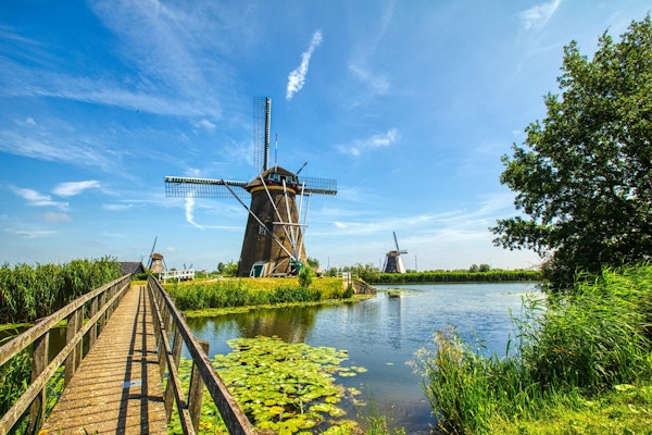 Utsikt over tradisjonelle vindmøller i Kinderdijk, Nederland. Dette systemet på 19 vindmøller ble bygget rundt 1740 og er et UNESCOs kulturminne.
