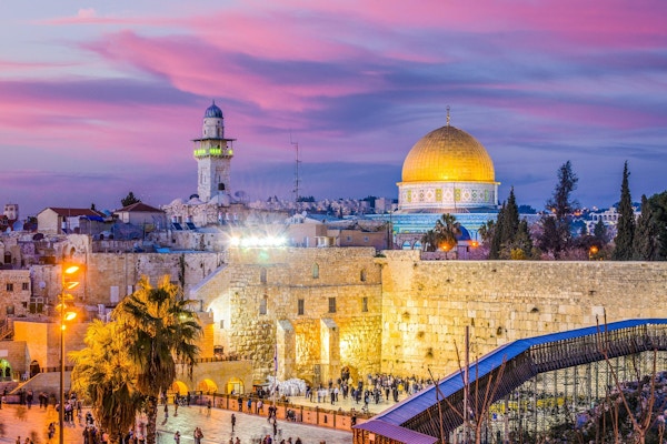 Skyline of the Old City at the Western Wall and Temple Mount in Jerusalem, Israel.