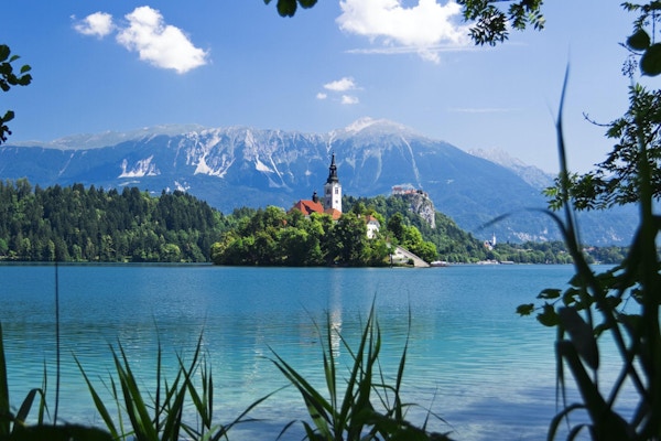 lake bled series, Slovenia, verdenskjent vakker natur på den lille øya med chuch midt i innsjøen, bled castle i bakgrunnen