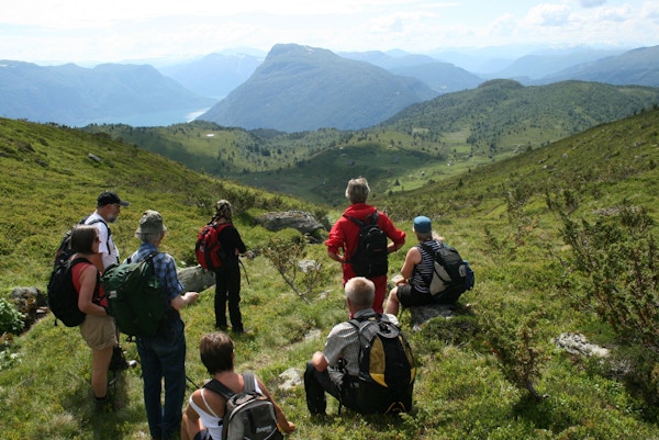 En gruppe vandrere på fottur i fjellene