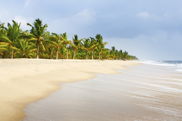 Hvit sandstrand med palmer og havet som bruser opp