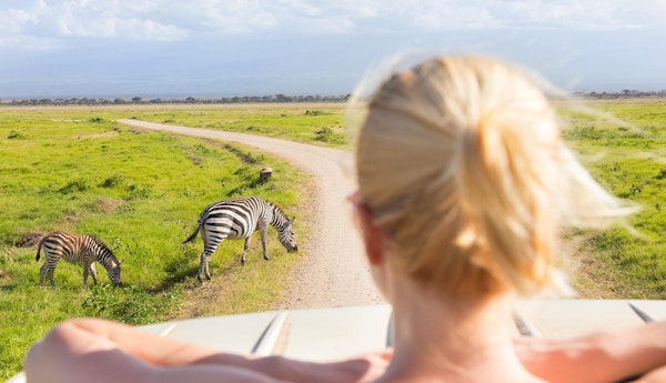 Kvinne på afrikansk villmarkssafari som observerer sebraer fra en safarijeep med åpent tak.