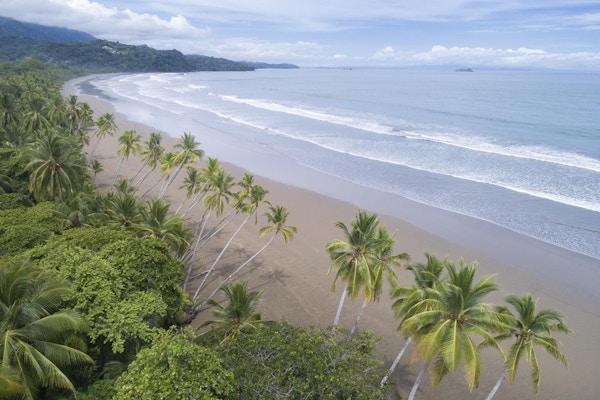 Luftfoto fra den berømte bortgjemte Uvita-stranden, Marino Ballena nasjonalpark, Costa Rica