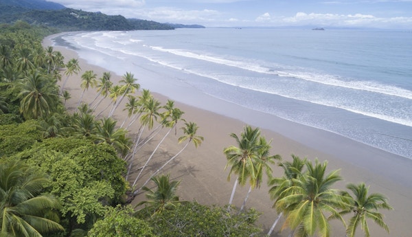 Luftfoto fra den berømte bortgjemte Uvita-stranden, Marino Ballena nasjonalpark, Costa Rica