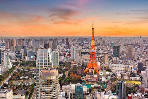 Tokyo, Japan, bybilde og tårn i skumringen.