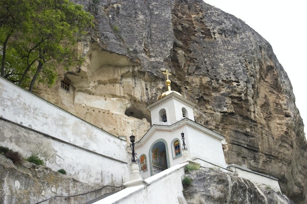 Inngang til Uspensky eller Assumption Cave Monastery nær Bakhchisarai, Ukraina. Klosteret stammer fra 800-tallet, og ble et sentrum for den ortodokse religionen på Krim.