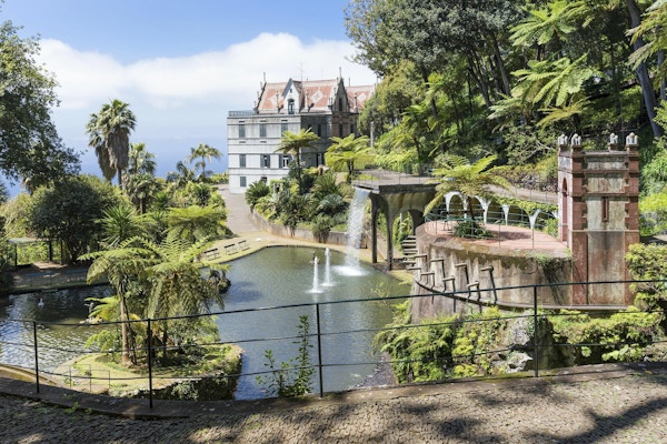 Tropisk hage med dam og palass på Funchal, øya Madeira, Portugal