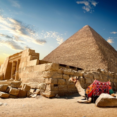 Kamel hviler nær ruinene av inngangen til pyramiden