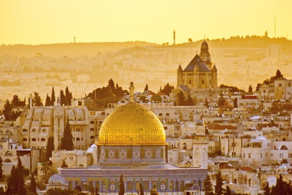 Oversiktsbilde over Jerusalem med soloppgang/solnedgang