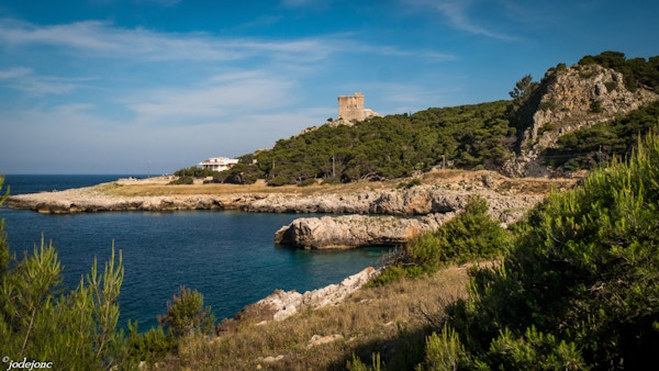 Tårnet hever seg over oddene ved kysten utenfor Santa Caterina, Puglia