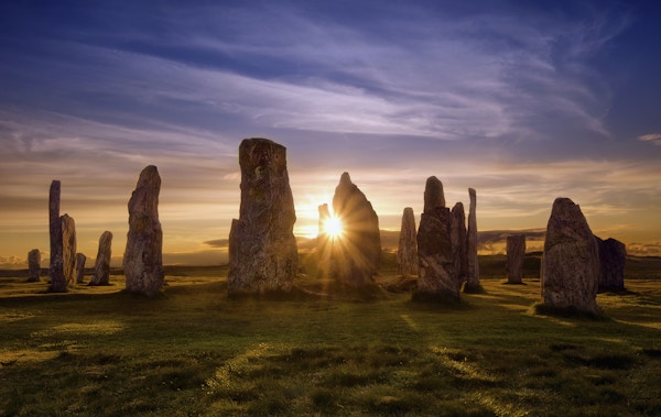 Callanish Stones i solnedgang, Skottland.