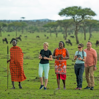 Folk på safari på savanen sammen med masaier.