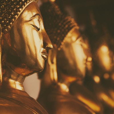 Nærbilde av gyldne buddhaansikter på rekke i et buddhistisk tempel, Bangkok, Thailand.