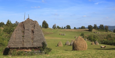 Landskap i et isolert fjellbygd i Apuseni-fjellene, i Transylvania, Romania. Stedet er kjent som "Motilor country". Huset er utelukkende laget av tre med alle jernstykker.