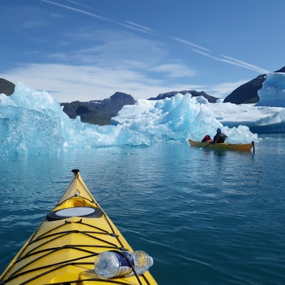 To kajakkpadlere som ligger i gule kajakker på sjøen utenfor isfjell på Grønland