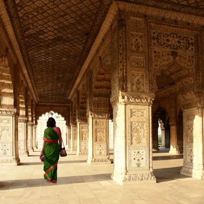 Indian Woman Walking in the Red Fort, Delhi, India