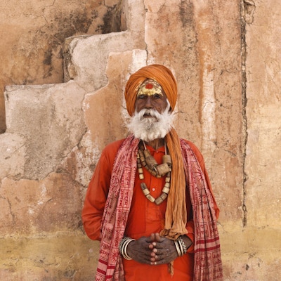 India, Rajasthan, Jaipur, Amber Fort, en indisk sadhu