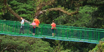 en grønn hengebro med 4 mennesker på i tåkeskogen i Monteverde