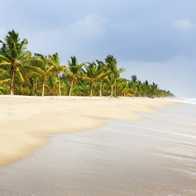 Hvit sandstrand med palmer og havet som bruser opp