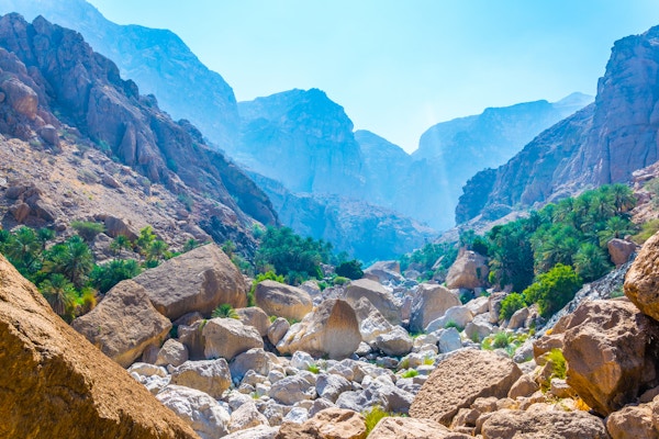 Wadi Tiwi i Oman er et naturlig vidunder som kombinerer strøm av turkisblått vann, frodige palmer som vokser på kysten og en dyp kløft med bratte bakker.