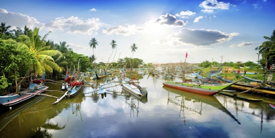 Fargede båter i den tropiske bukten på Sri Lanka