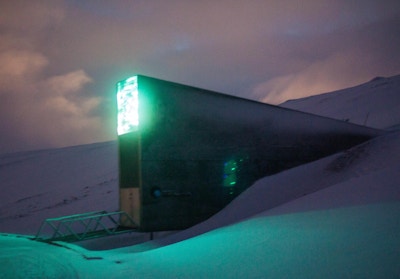 Bygning i snø, med sterkt grønt lys