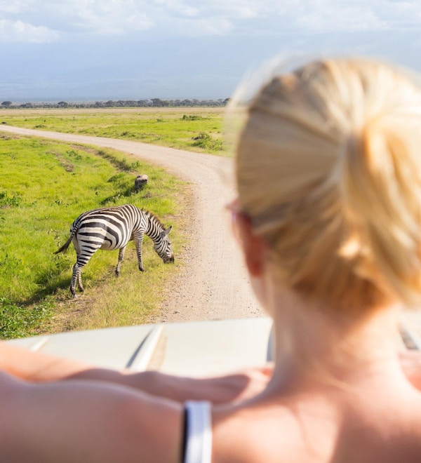 Kvinne på afrikansk villmarkssafari som observerer sebraer fra en safarijeep med åpent tak.