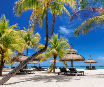 Paradisisk solrik strand med palmer og halmparasoller og tropisk hav på øya Mauritius.