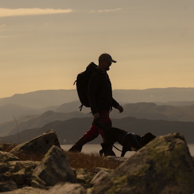 Mann med hund på fjelltur i solnedgang i Hemsedal