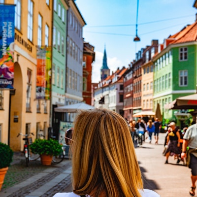 Kvinne går gjennom shopping gatene i København sentrum