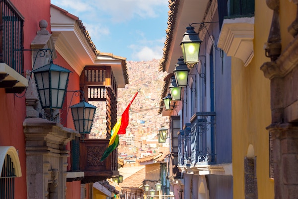 Gamle kolonibygninger på Jaen Street i La Paz, Bolivia